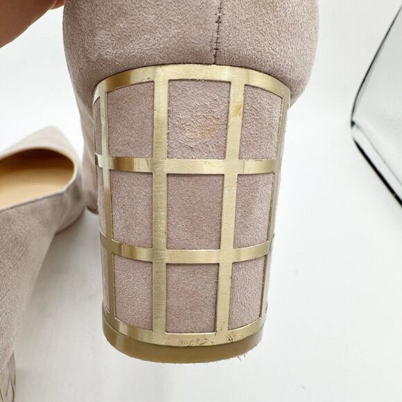 Brian Atwood‎ Karina Taupe Suede Block Heel Pumps With Gold Grid Heel Design 10 - Picture 16 of 16